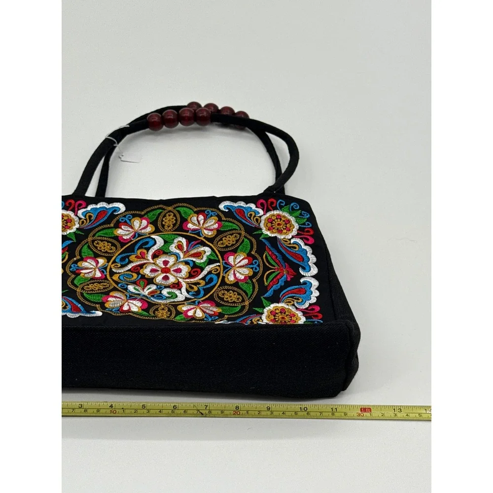 Boho Embroidered Floral Canvas Handbag Black with Wood Bead Handles